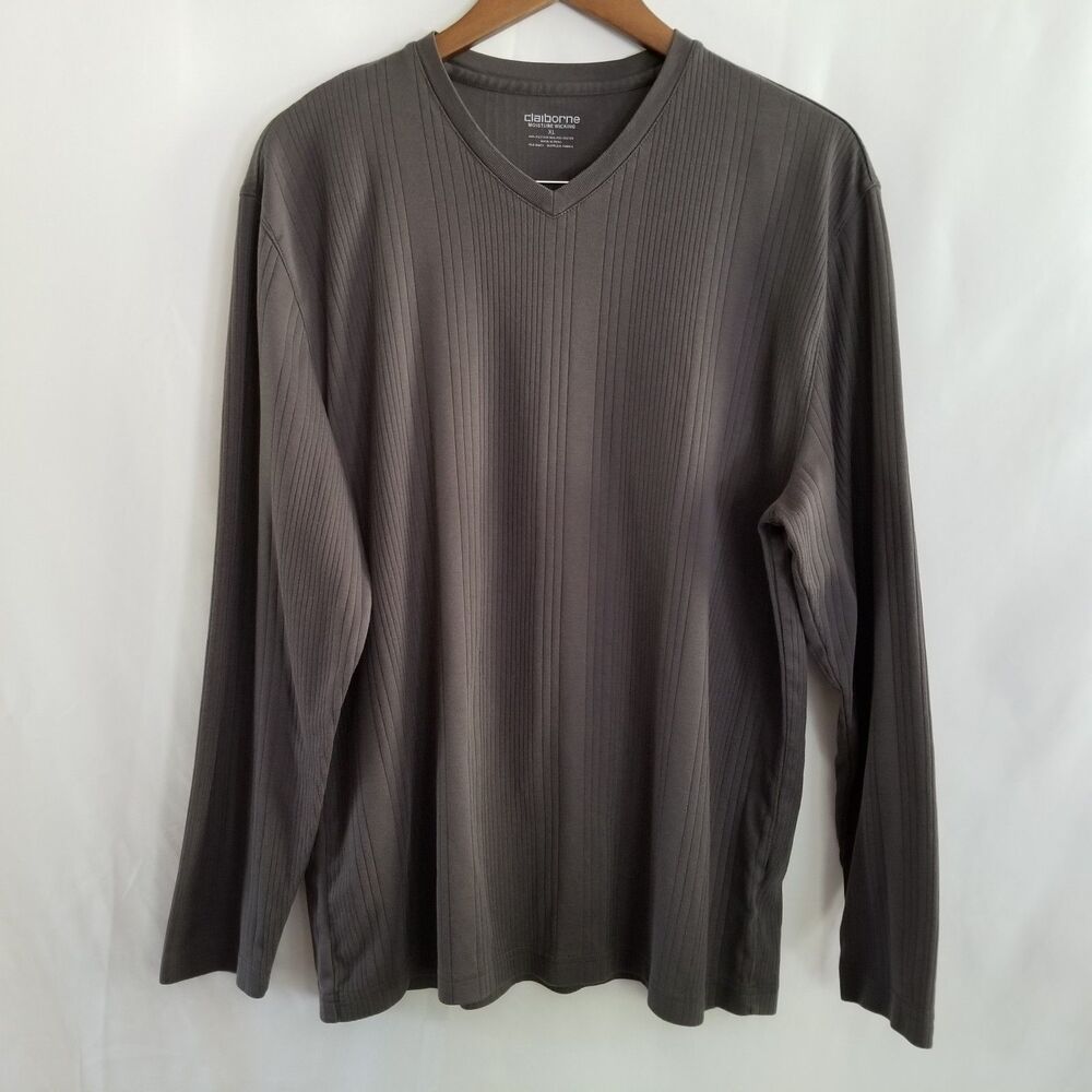Claiborne Men’s XL Gray Long Sleeve V-Neck Shirt Moisture Wicking Cotton Blend